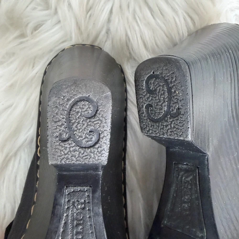 Born Black‎ Leather Peep Toe Wedge Mules Sandals W3098 Womens 9 40.5